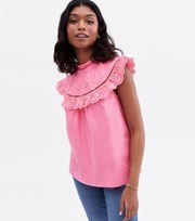 New Look Bright Pink Broderie Frill Yoke High Neck Blouse